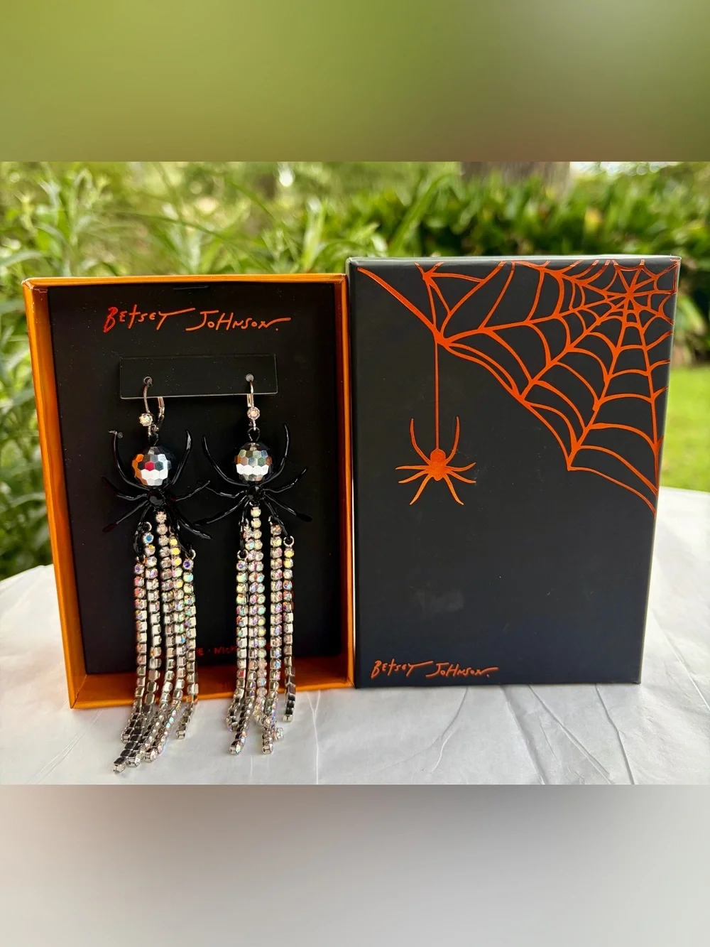 NWT BETSEY JOHNSON Black Spider Earrings with Iridescent Crystal Tassels